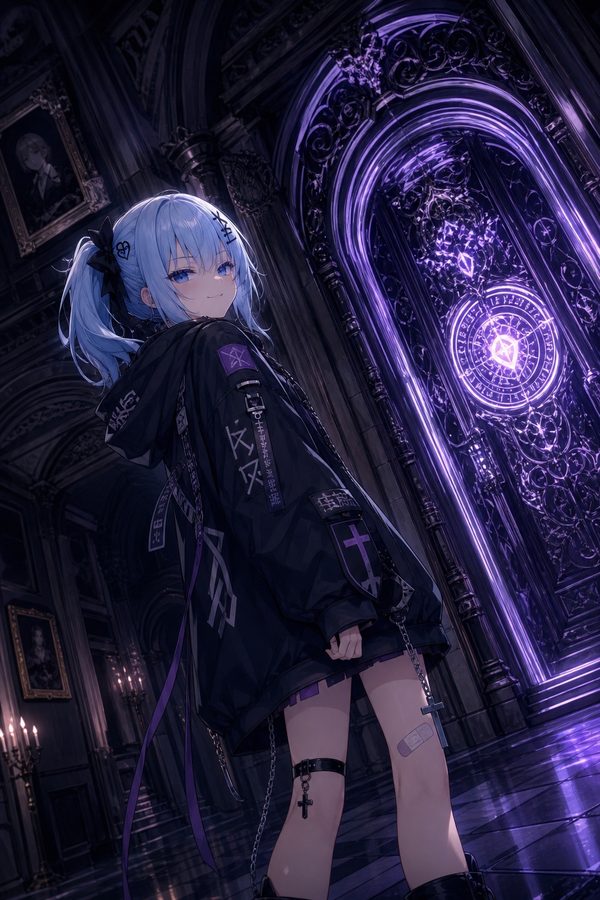 紫の魔法陣が輝く扉の前に立つ、あかりの創作キャラクター